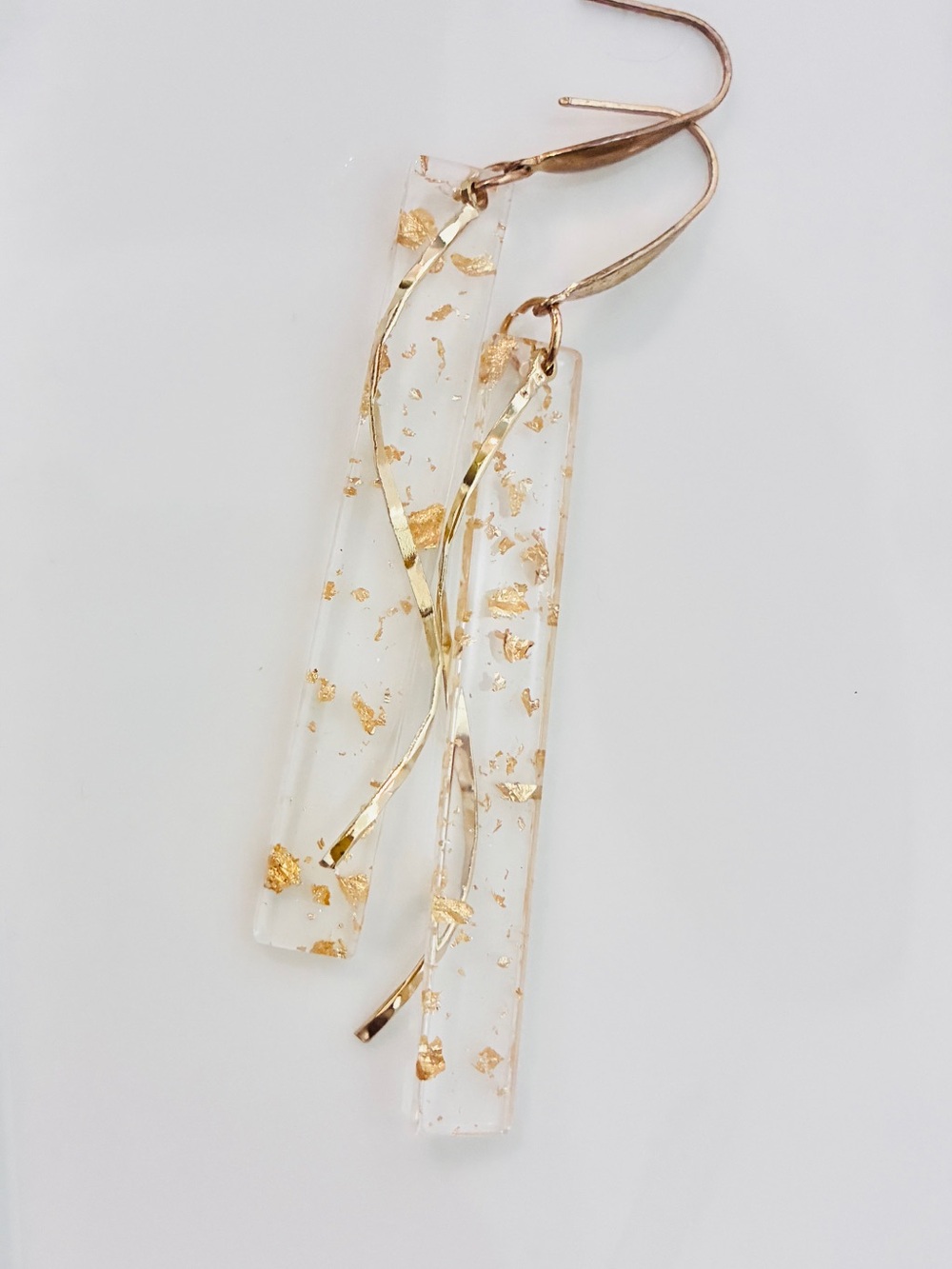 Clear gold flake bar unique earrings, mid century modern style